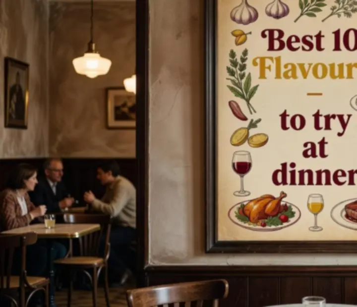 Retro plakat kulinarny w stylu lat 70. z listą dziesięciu smaków do odkrycia podczas kolacji w Flavor Patio