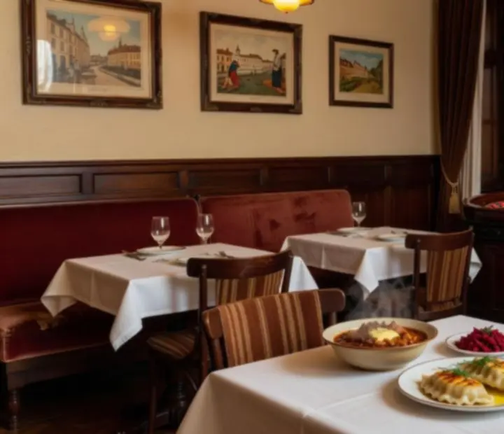 Elegancka vintage'owa sala restauracyjna Flavor Patio z lnianymi obrusami, popisowym daniem i w tle elementami ruletki, stołu pokerowego oraz żetonów