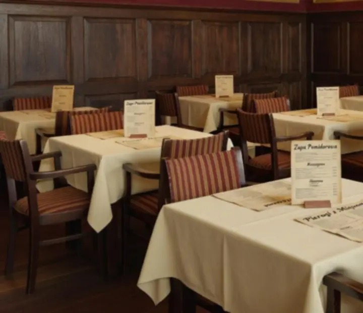 Główna sala restauracyjna z lnianymi obrusami, drewnianymi stołami i ciepłym światłem kinkietów