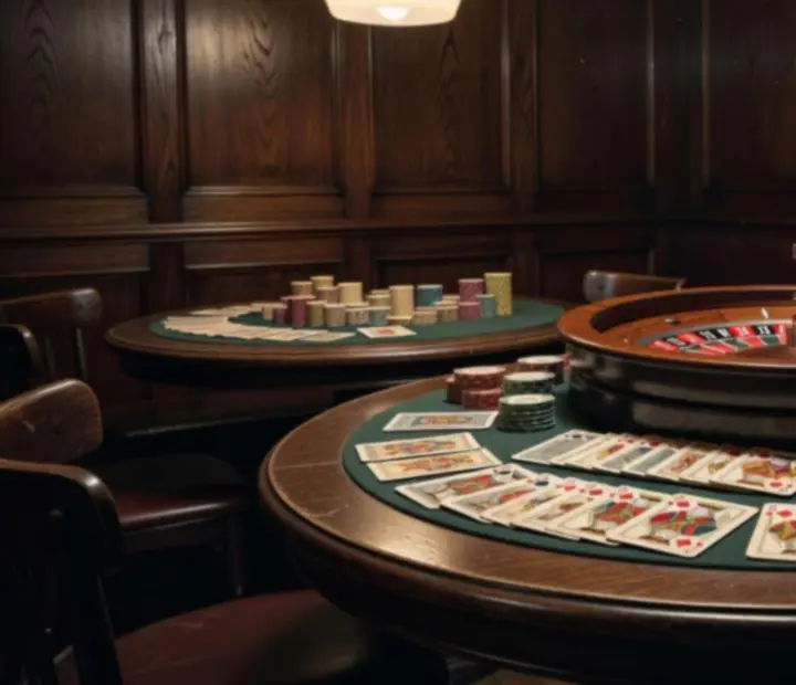 Stół pokerowy i ruletka w ciepłym świetle w eleganckiej sali restauracyjnej