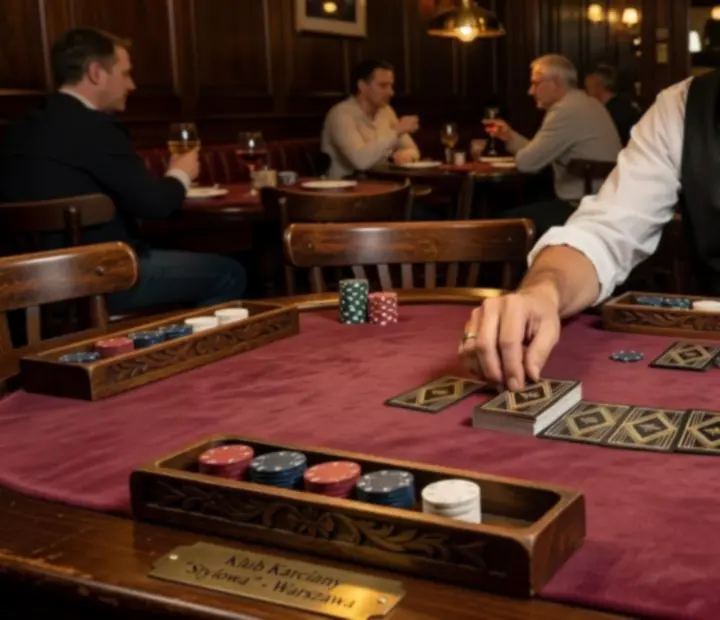 Detal stołu pokerowego z kartami do gry i żetonami we Flavor Patio