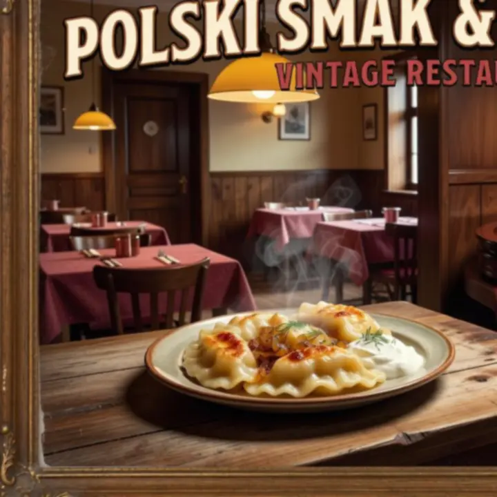 Plakat z bogato zastawioną salą brasserie, daniem szefa kuchni i kącikiem z ruletką, kartami i żetonami.
