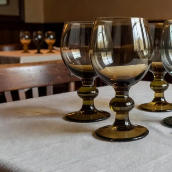 Retro polskie kieliszki do wina z czasów PRL ustawione na stoliku w restauracji
