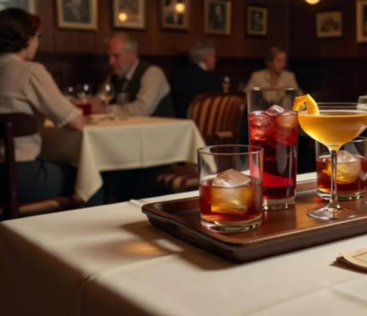 Taca pełna koktajli w szklankach vintage ustawiona na lnianym obrusie, oświetlona ciepłym światłem wolframowym, obok dekoracyjnego menu koktajlowego.