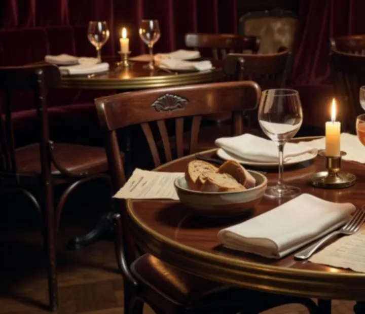 Wieczorna kolacja w vintage brasserie z miękkim światłem i kartami do gry