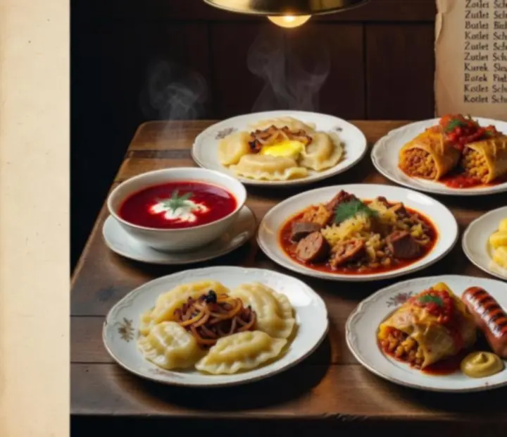 Vintage'owa ilustracja z top 10 klasycznych dań restauracji Flavor Patio w stylu starego magazynu kulinarnego
