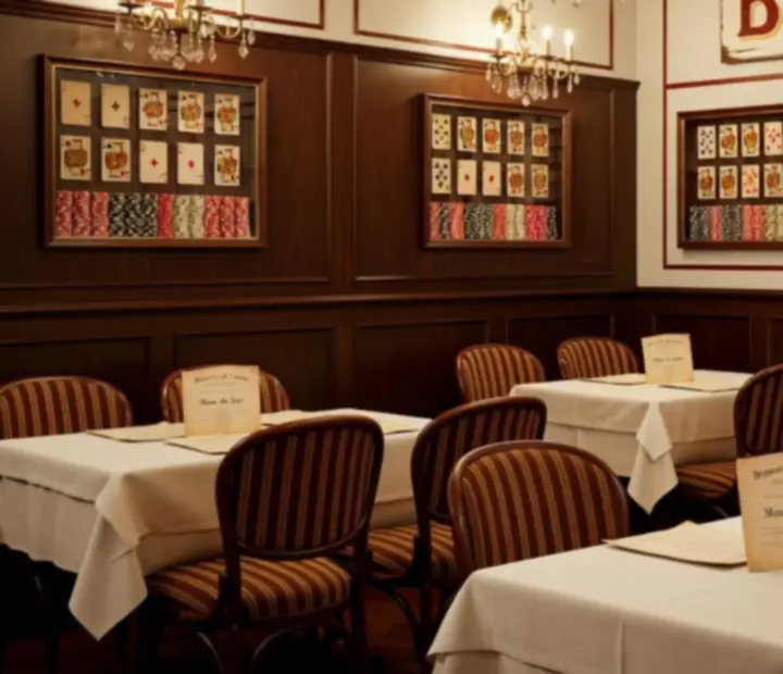 Retro wnętrze polskiej brasserie z kartami do gry i żetonami