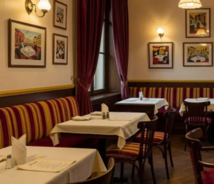 Vintage’owa sala brasserie z lnianymi obrusami, ciepłym światłem i drewnianymi detalami.