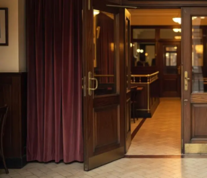 Wejście do vintage polskiej brasserie z aksamitnymi zasłonami i ciepłym światłem