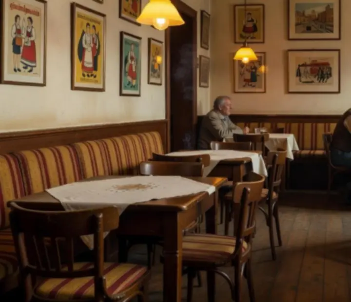 Vintage wnętrze polskiej brasserie Flavor Patio z lnianymi obrusami i salonem gier w tle
