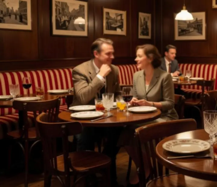 Wieczorna kolacja w brasserie, ciepłe światło, lampka wina i rozmowy przy stołach.