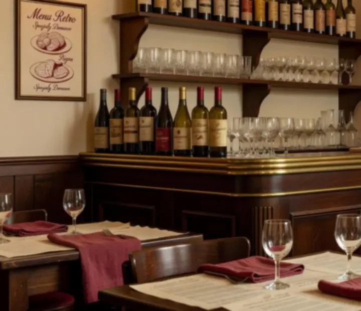 Vintage bar winny w Polsce z klasycznymi butelkami wina na tle przytulnej brasserie